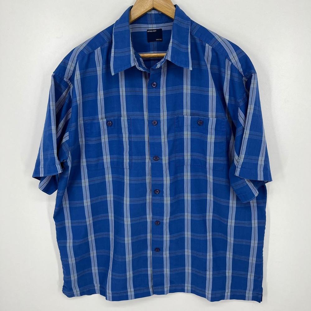 Piping Hot Mens XL Blue White Plaid Short Sleeve Button Shirt Dual Pockets Y2K